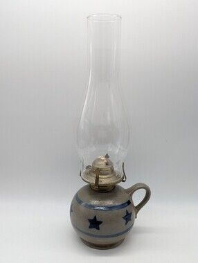 Vintage Rowe Pottery Grey Blue Star Ceramic Hurricane Oil Lamp W/ Handle